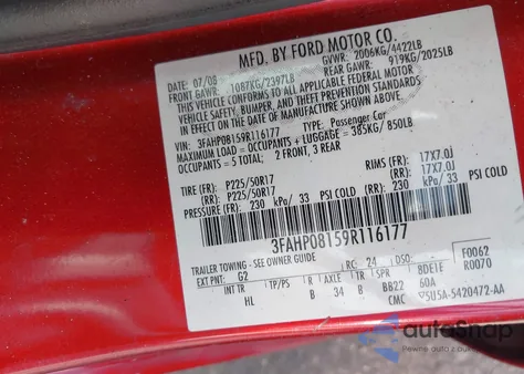 2009 Ford Fusion Sel из США, поврежденный, VIN 3FAHP08159R116177